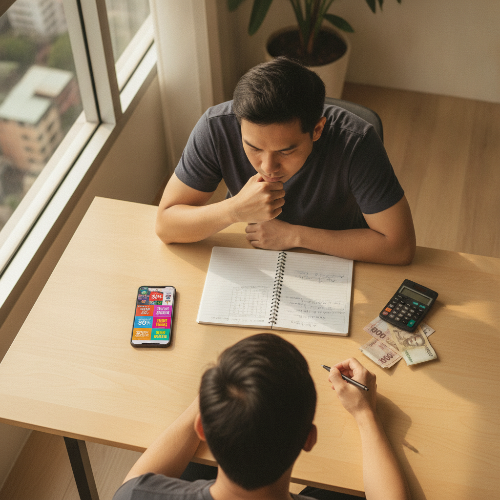Filipino player comparing casino bonus offers on smartphone with notes and calculator on table